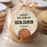 Basketball Party Favour Classic Round Sticker<br><div class="desc">Sports themed party favour stickers featuring a wooden floor basketball court with markings,  a basketball,  and a text template that is easy to personalize.</div>