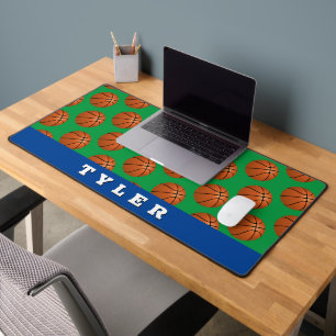 Basketball Pattern, Bold White Name, Blue/Green Desk Mat