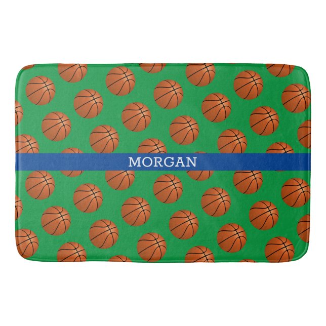 Basketball Pattern, White Name, Blue & Green Bath Mat (Front)