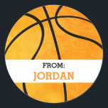 Basketball Personalized From Sports Themed Party Classic Round Sticker<br><div class="desc">Basketball Personalized From Sports Themed Party Stickers. Attach these sports themed basketball stickers to goody bags from your sports themed birthday party. Personalized with the birthday child's name in orange font. Round sticker is a watercolor orange with a vintage look and black lines. Text reads "from". Sports themed gift tag...</div>