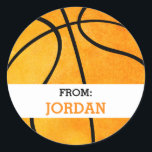 Basketball Personalized From Sports Themed Party Classic Round Sticker<br><div class="desc">Basketball Personalized From Sports Themed Party Stickers. Attach these sports themed basketball stickers to goody bags from your sports themed birthday party. Personalized with the birthday child's name in orange font. Round sticker is a watercolor orange with a vintage look and black lines. Text reads "from". Sports themed gift tag...</div>