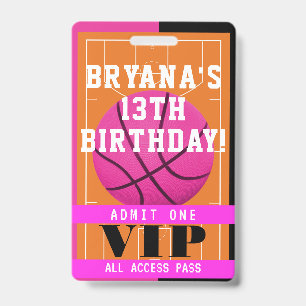 Basketball Pink Birthday Party VIP Pass Badge