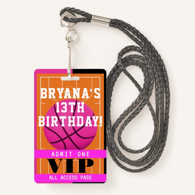 Basketball Pink Birthday Party VIP Pass Badge (Front with Lanyard)