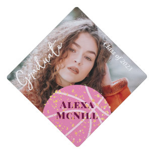 Basketball Pink Sparkle   Personalized Photo Name Graduation Cap Topper