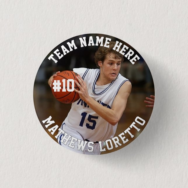 Basketball Player Add Name Number Team and Photo 1 Inch Round Button (Front)