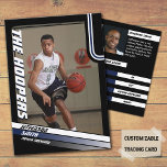 Basketball Player Custom Black Trading Card Blue<br><div class="desc">Introducing our customizable basketball trading cards, designed for proud parents to showcase their young athlete's achievements on the court! With a striking colour palette of blue, white, and black, these cards stand out against the competition. Personalize the front cover photo with your own budding star, and fine-tune player stats, bio,...</div>
