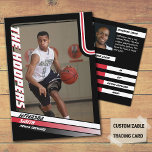 Basketball Player Custom Black Trading Card Red<br><div class="desc">Presenting our customizable basketball trading cards, ideal for parents to showcase their young athlete's achievements on the court! With a striking colour scheme of red, white, and black against a bold background, these cards make a statement. Personalize the front cover photo with your own budding star, and tweak player stats,...</div>