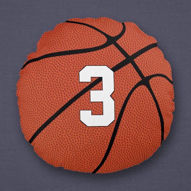 Basketball Player Custom Jersey Number Sports Round Pillow (Round basketball pillow with custom basketball player jersey number or initials / letters.)
