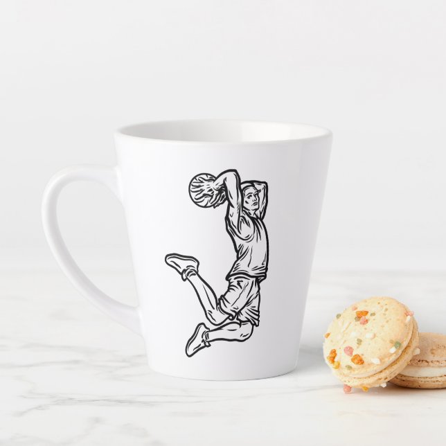 Basketball Player Doing Slam Dunk Dark Design Latte Mug (In Situ)
