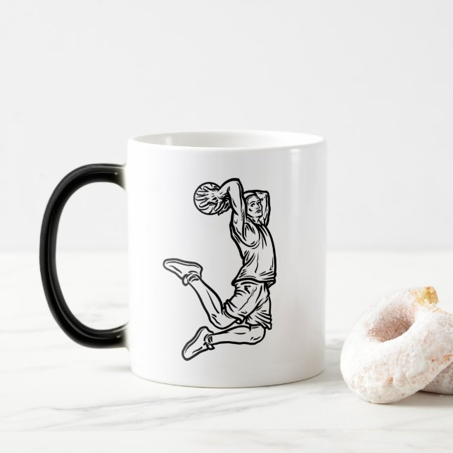 Basketball Player Doing Slam Dunk Dark Design Magic Mug (With Donut)