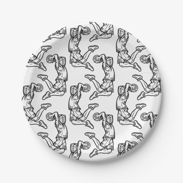 Basketball Player Doing Slam Dunk Dark Design Paper Plate (Front)