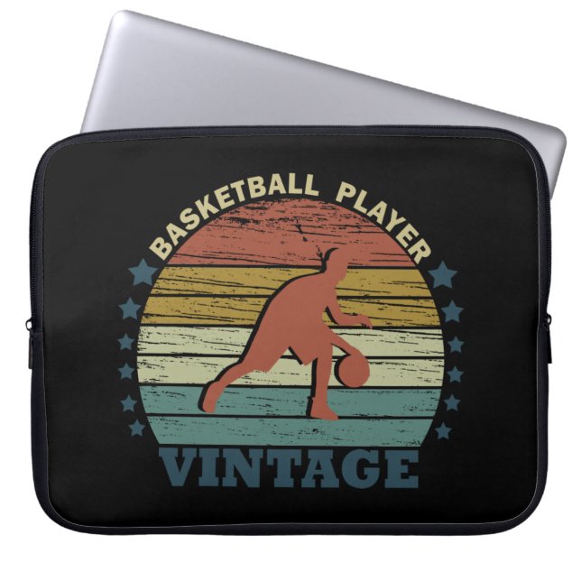 Basketball player dribbling vintage retro sunset laptop sleeve (Front)