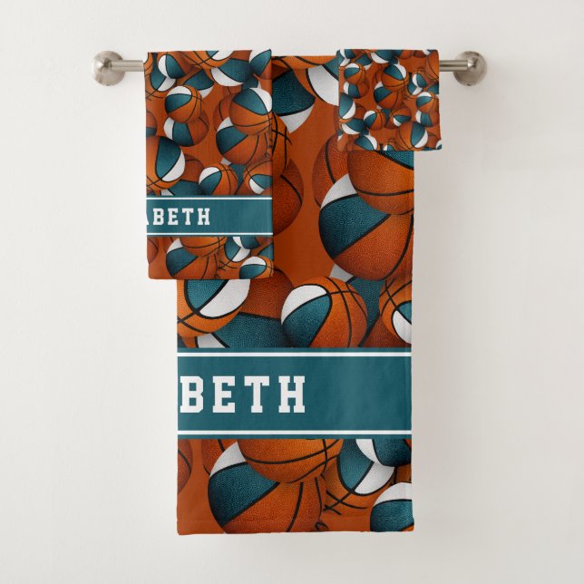 basketball player grad gift girls teal white bath towel set (Insitu)