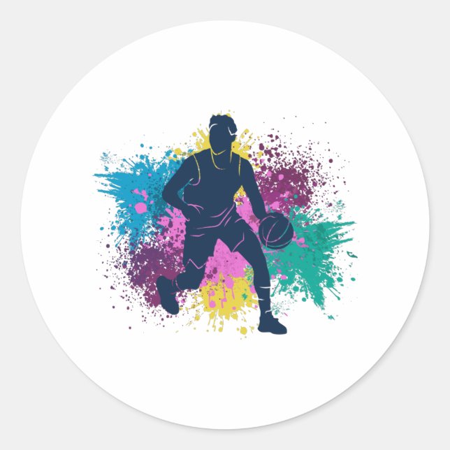 Basketball Player Grungy Colour Splashes Classic Round Sticker (Front)