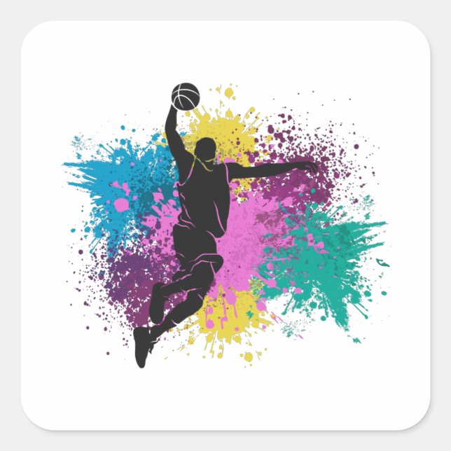 Basketball Player Grungy Colour Splashes Square Sticker (Front)