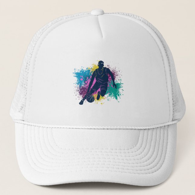 Basketball Player Grungy Colour Splashes Trucker Hat (Front)
