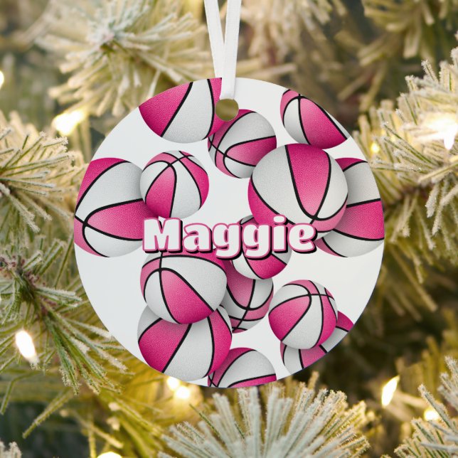 basketball player keepsake girls name pink white metal ornament (Insitu)