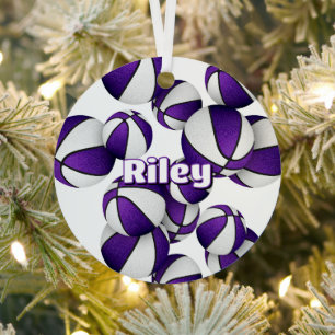 basketball player keepsakes kids name purple white metal ornament