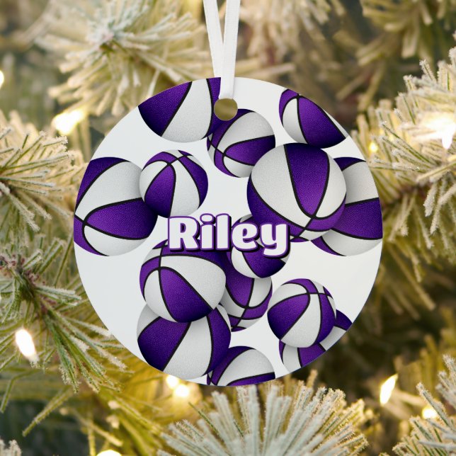 basketball player keepsakes kids name purple white metal ornament (Insitu)
