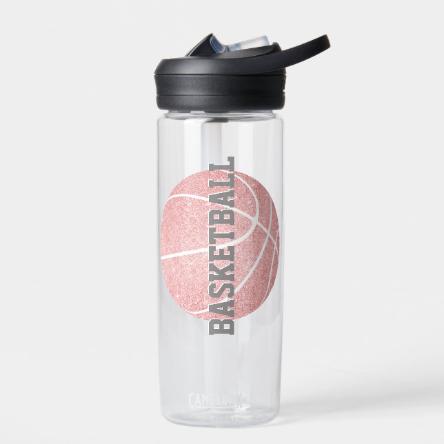Basketball player name jersey number girly pink water bottle (Left)