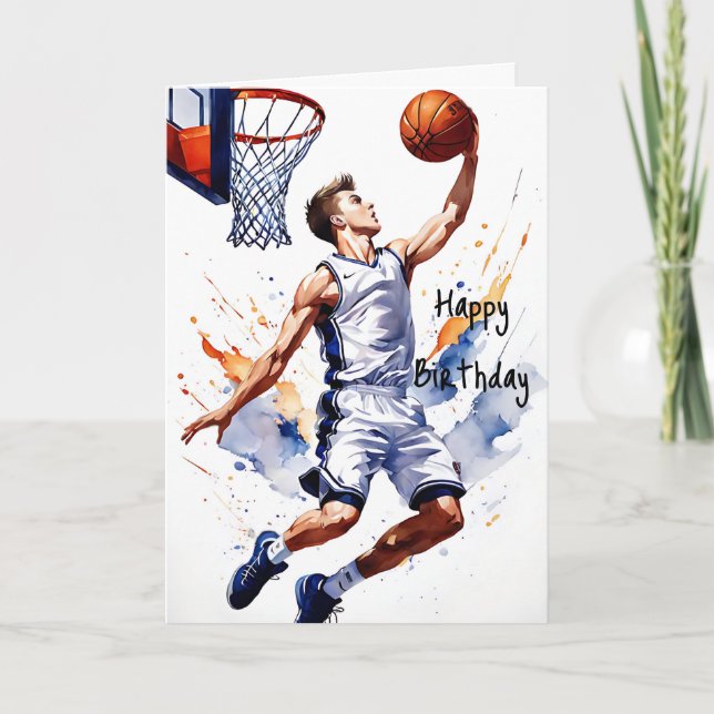Basketball Player Splash Watercolor Happy Birthday Card (Front)