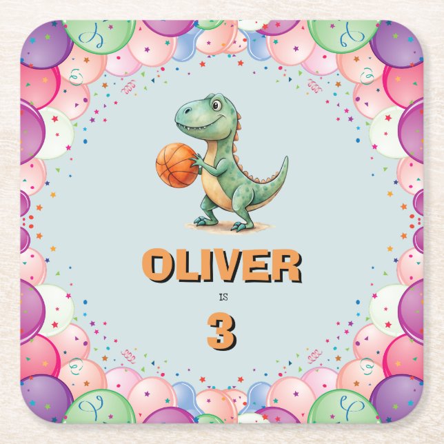 Basketball Player T-rex Birthday Square Paper Coaster (Front)