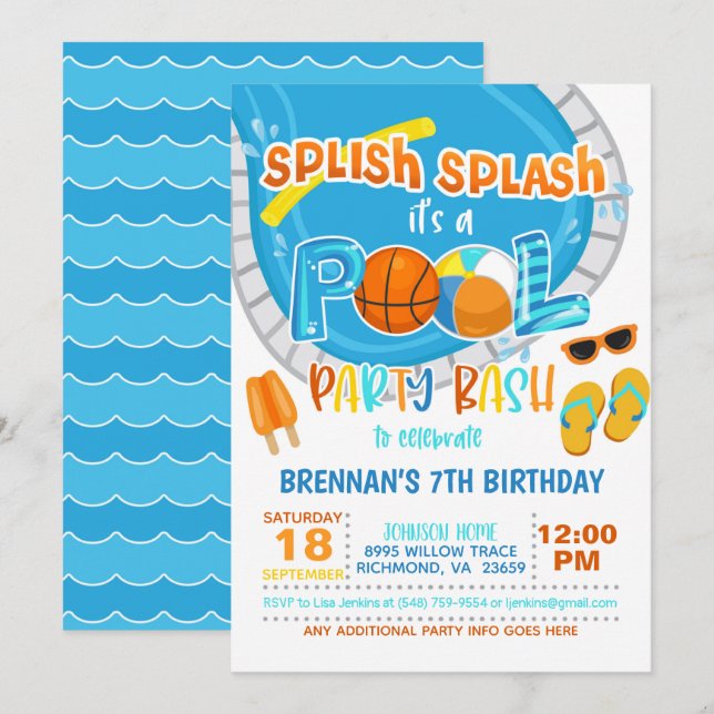 Basketball Pool Party Invitation - Boy - White (Front/Back)