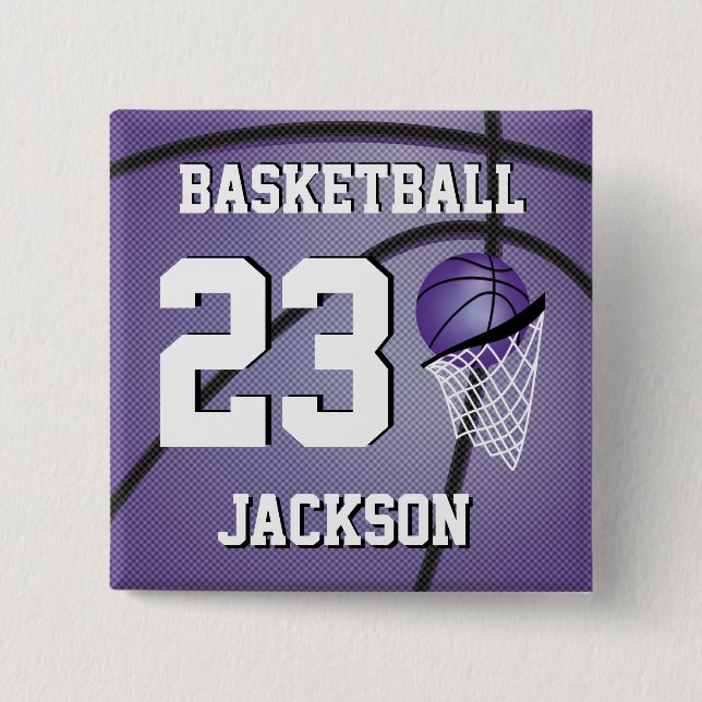 Basketball Purple and White | Personalize 2 Inch Square Button (Front)