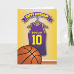 Basketball Purple Jersey Sports Custom Birthday Card<br><div class="desc">Personalized kids basketball birthday greeting cards with a yellow faded background and a yellow & purple basketball jersey which you can personalise with the childs name and age, and a basketball at the bottom. This sports birthday card will impress the birthday kid be it your son/daughter, nephew/niece, grandson/grandaughter or friend,...</div>