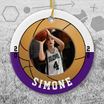 Basketball Purple White Team Colours Ceramic Ornament<br><div class="desc">Celebrate your child's athletic triumphs in junior league,  college or high school basketball with this Basketball Purple White Team Colours Ornament. Personalize with your child's photo,  name and the year. A great gift idea for Grandma and Grandpa.</div>