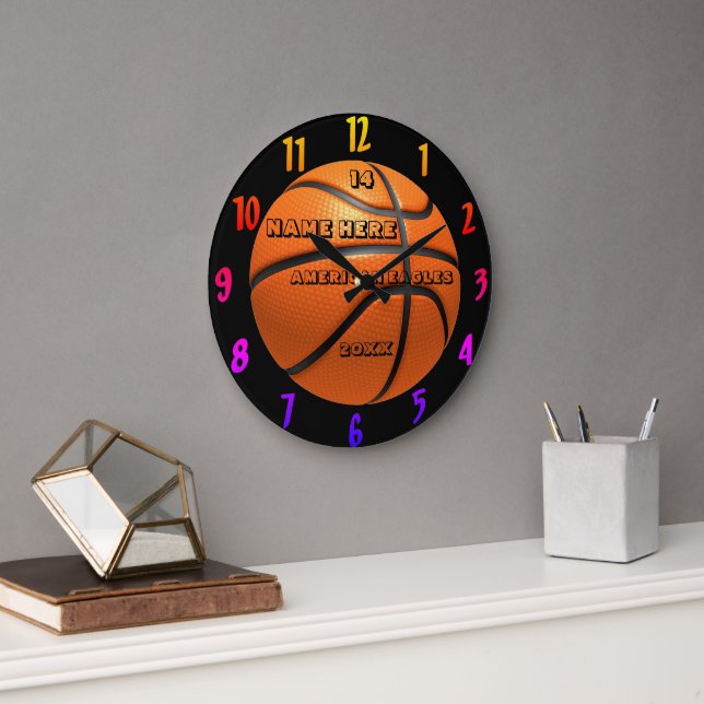 Basketball rainbow colour clock with Player Name (Office)