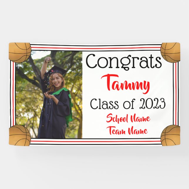Basketball Red & Black One Photo Graduation Banner (Horizontal)