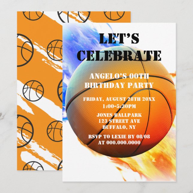 Basketball Red Blue Flames Invitations de fête d'a (Devant / Derrière)