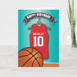 Basketball Red Jersey Sports Custom Birthday Card<br><div class="desc">Personalized kids basketball birthday greeting cards with a blue faded background and a red & black basketball jersey which you can personalize with the childs name and age, and a basketball at the bottom. This sports birthday card will impress the birthday be it your son/daughter, nephew/niece, grandson/grandaughter or friend, literally...</div>