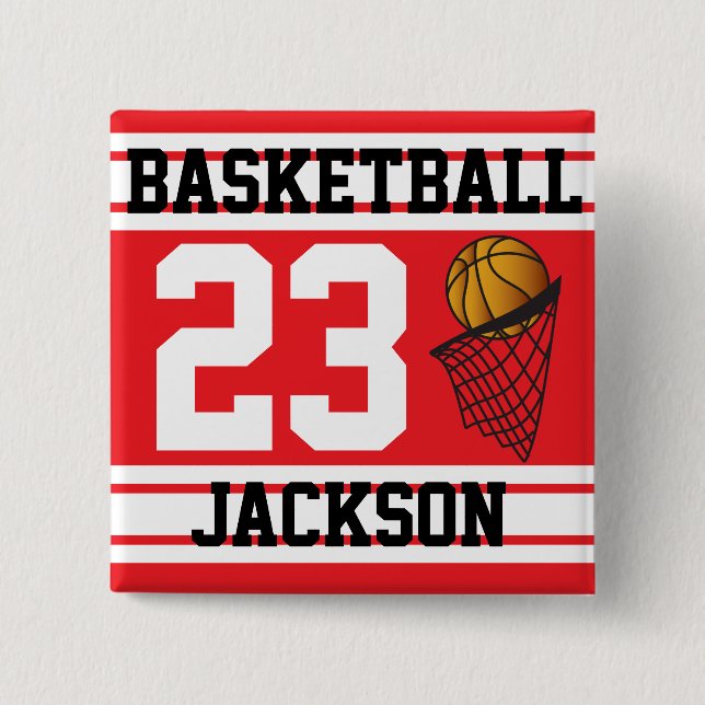 Basketball Red & White Stripes | DIY Text 2 Inch Square Button (Front)