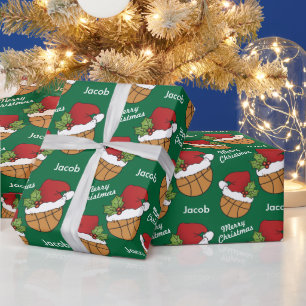 Basketball Santa Hat on Green Background Wrapping Wrapping Paper