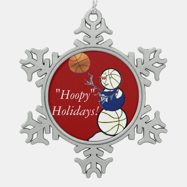 Basketball Snowman Snowflake Pewter Christmas Ornament (Front)
