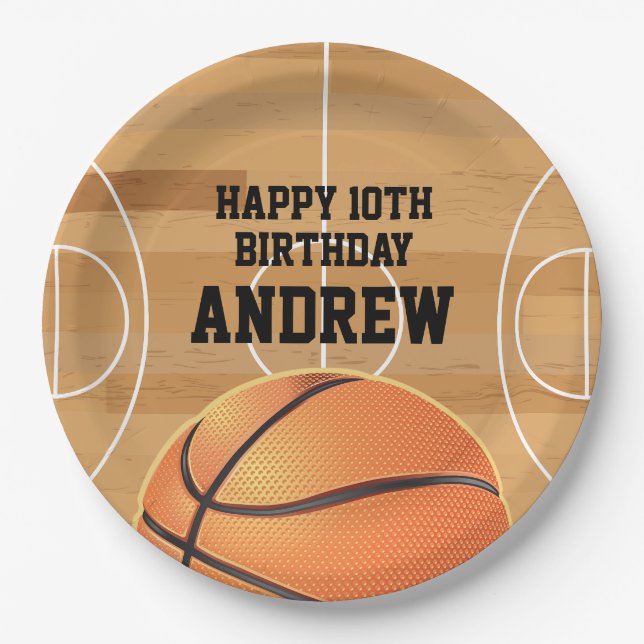 Basketball Sports Happy Birthday Paper Plates (Front)