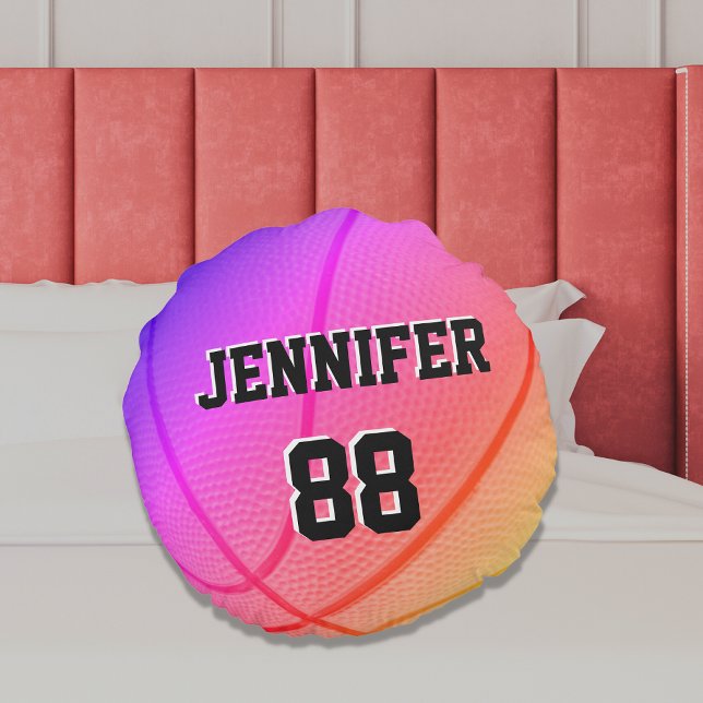 Basketball Sports Team custom name number pink Round Pillow (Creator Uploaded)