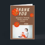 Basketball Sports Thank you Coach Card<br><div class="desc">Basketball thank you coach card with photo, thank you text, coach name, team name, year, your name and basketball balls. Inside the card are basketball balls. Photo thank you card - add your photo into the template. Personalize the card with names and your text. Great thank you card for the...</div>