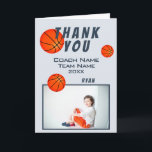 Basketball Sports Thank you Coach Photo Card<br><div class="desc">Basketball Sports Thank you Coach Photo Card. Basketball thank you coach card with photo, thank you text, coach name, team name, year, your name and basketball balls. Inside the card are basketball balls. Photo thank you card - add your photo into the template. Personalize the card with names and your...</div>