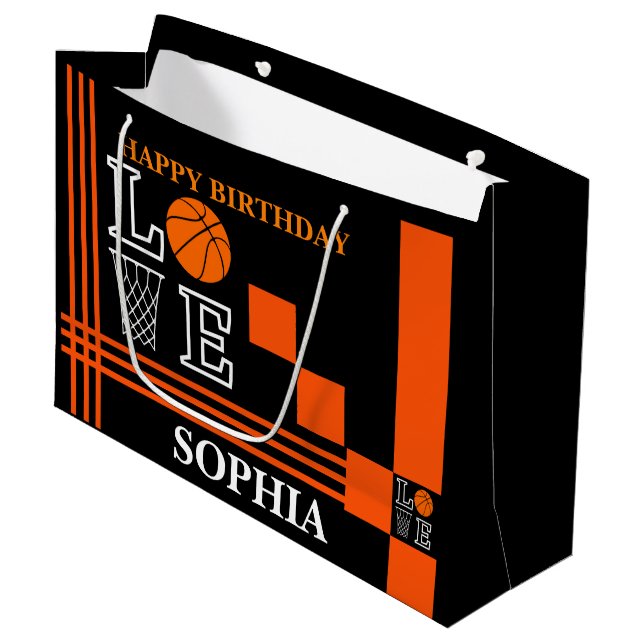Basketball Swoosh Black Birthday Large Gift Bag (Front Angled)