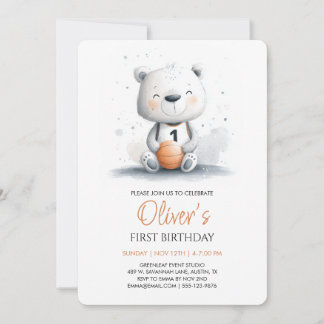 Basketball Teddy Bear First Birthday Invitation