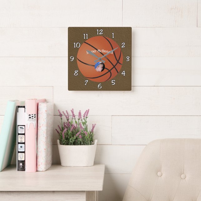 Basketball Textured Background photo personalize Square Wall Clock (Reading Room)