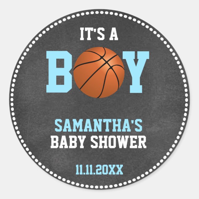 Basketball Theme Baby Shower Chalkboard Boy Classic Round Sticker (Front)