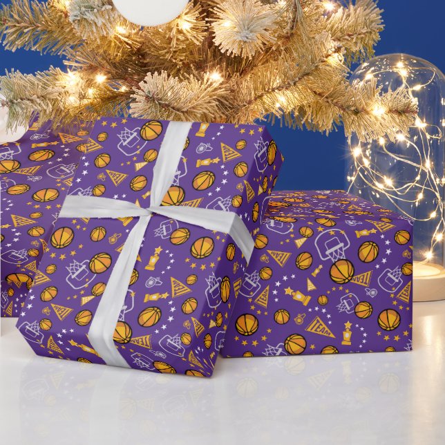 Basketball Themed Pattern Design Gold & Purple Wrapping Paper (Holidays)