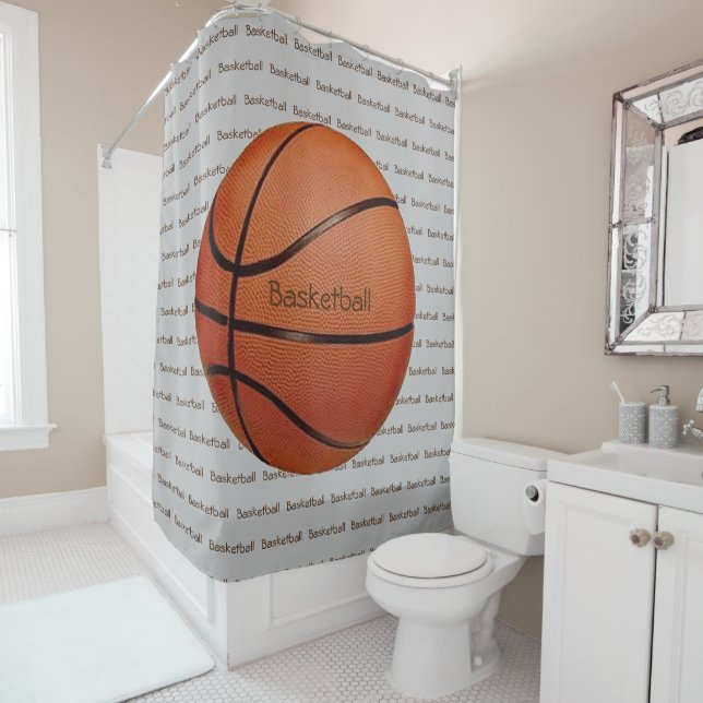 Basketball Tiled Text Design Shower Curtain (In Situ)