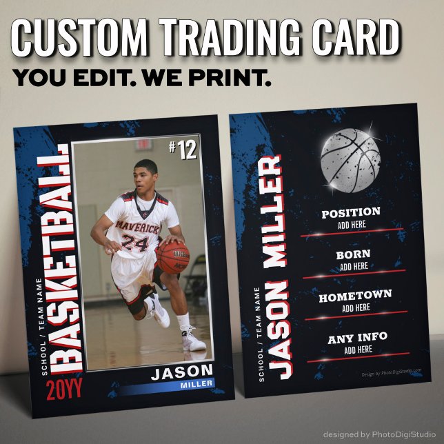 Basketball Trading Card, Basketball Player Card (Custom Basketball Trading Card, US Blue Red Player Calling Card)
