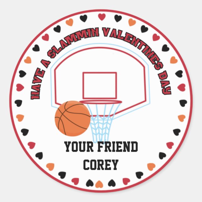 Basketball Valentines Classroom Personalized Name Classic Round Sticker (Front)