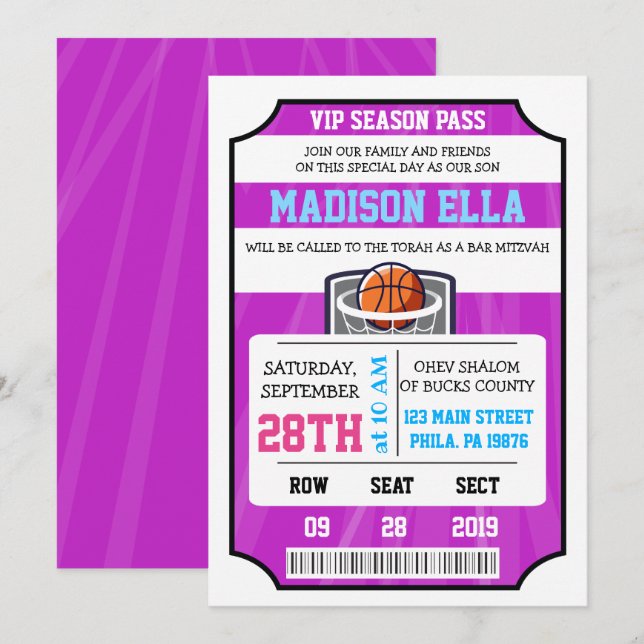 BASKETBALL VIP TICKET Bar Bat mitzvah Invitation (Devant / Derrière)